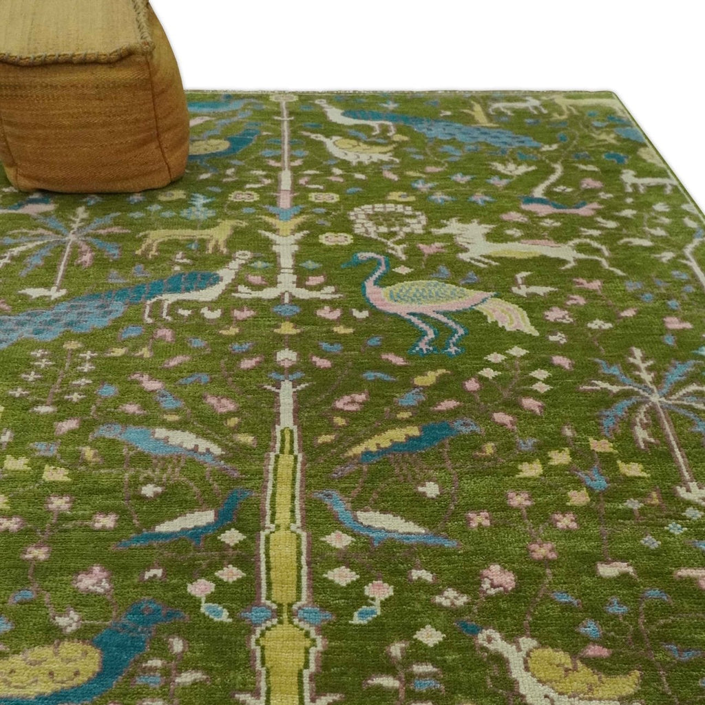 The Green Jungle Life Teal and Peach Peacock Bird Hand Knotted Custom Made Wool Area Rug