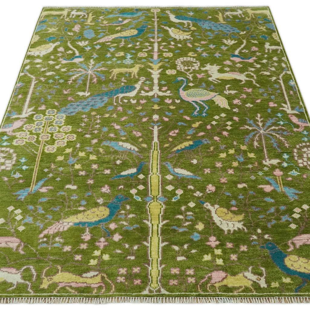 The Green Jungle Life Teal and Peach Peacock Bird Hand Knotted Custom Made Wool Area Rug