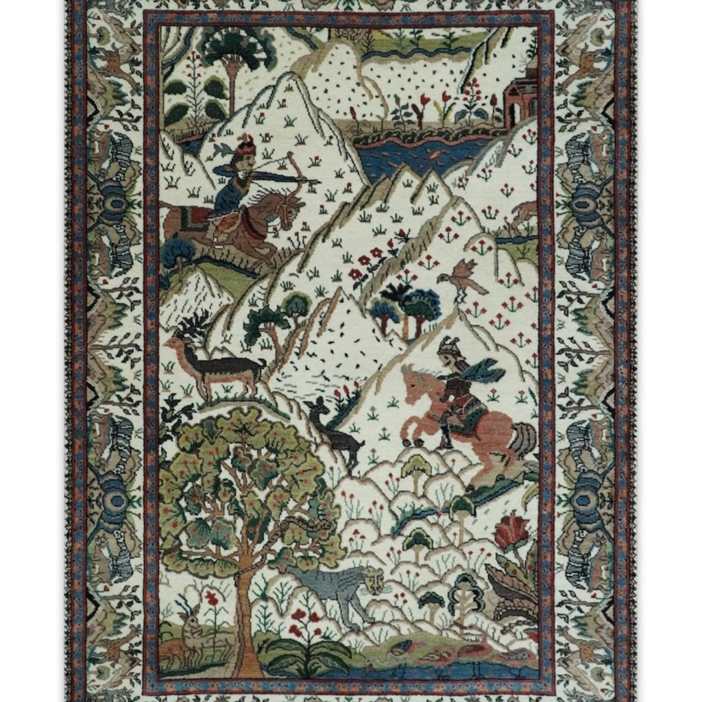 The Jungle Life Hunter and the King Animal Tree Rug Hand Knotted Ivory and Olive Wool
