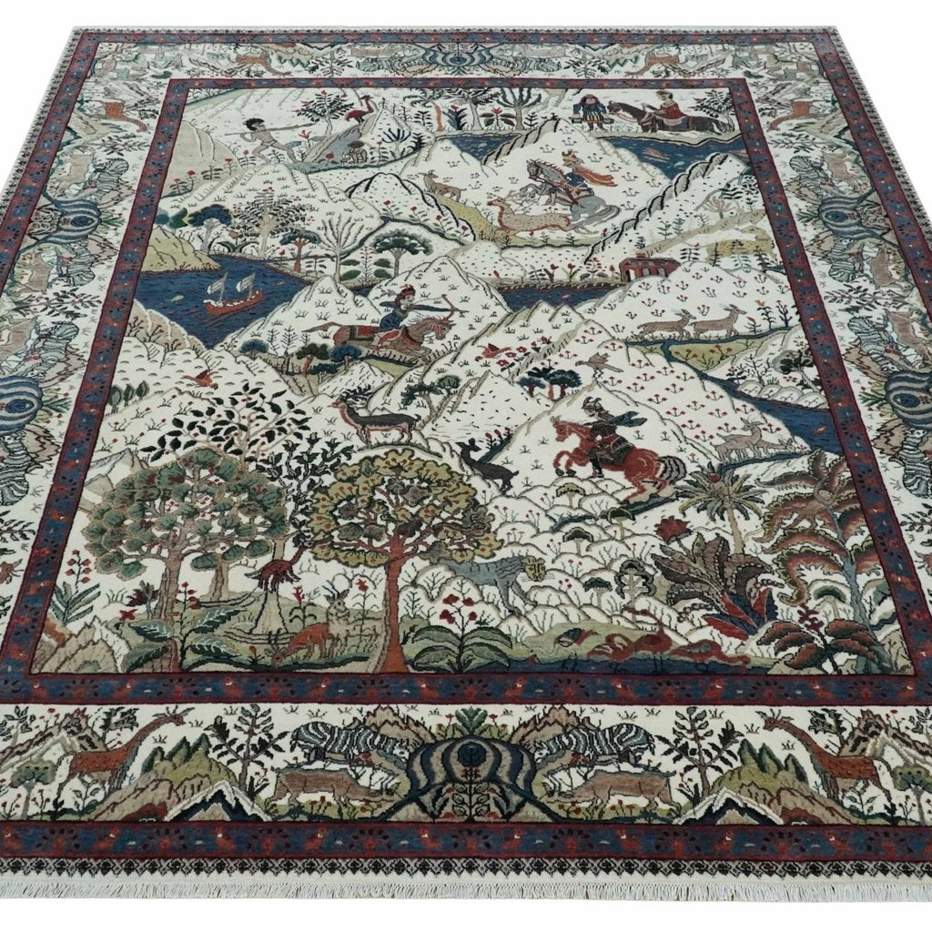 The Jungle Life Hunter and the King Animal Tree Rug Hand Knotted Ivory and Olive Wool