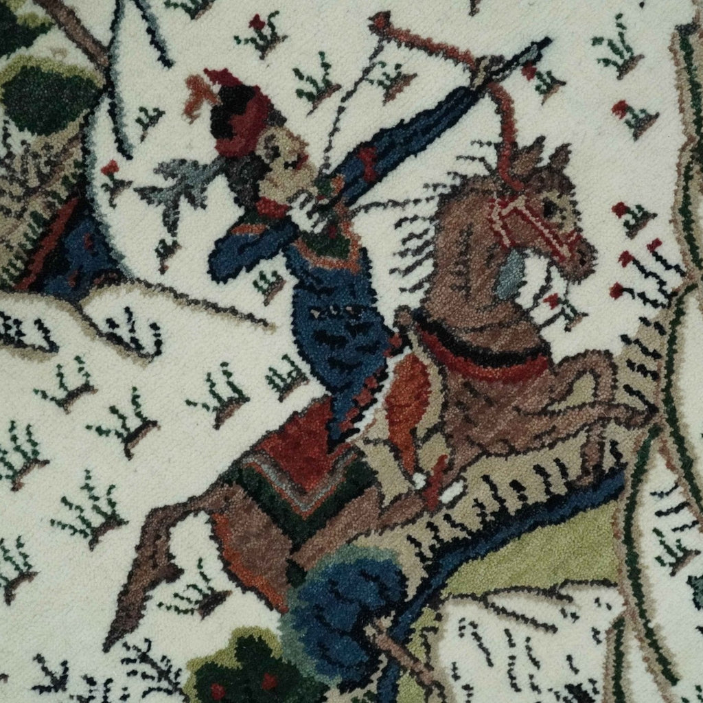 The Jungle Life Hunter and the King Animal Tree Rug Hand Knotted Ivory and Olive Wool