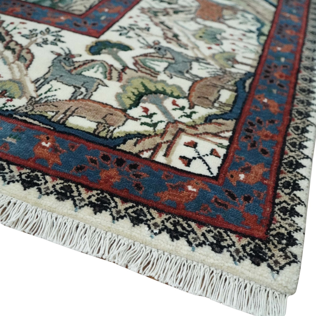 The Jungle Life Hunter and the King Animal Tree Rug Hand Knotted Ivory and Olive Wool