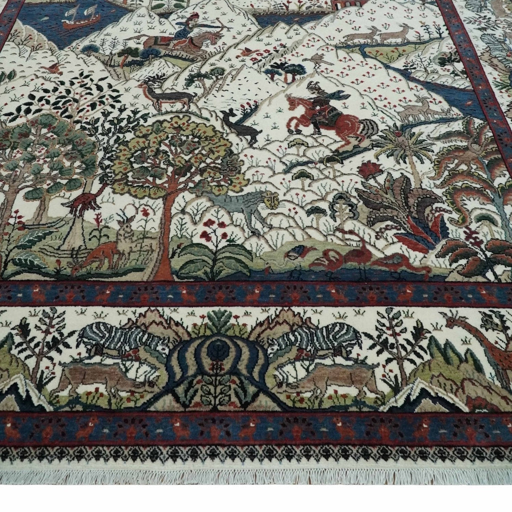 The Jungle Life Hunter and the King Animal Tree Rug Hand Knotted Ivory and Olive Wool