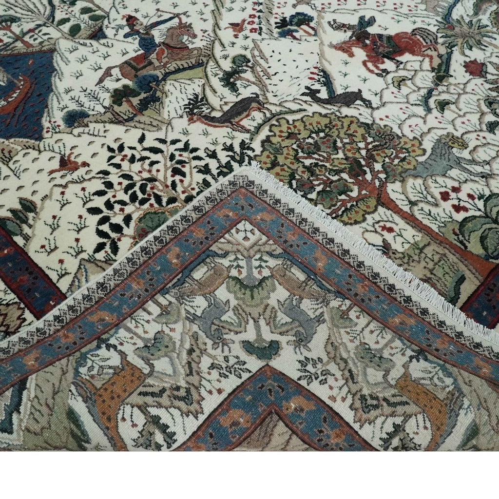 The Jungle Life Hunter and the King Animal Tree Rug Hand Knotted Ivory and Olive Wool