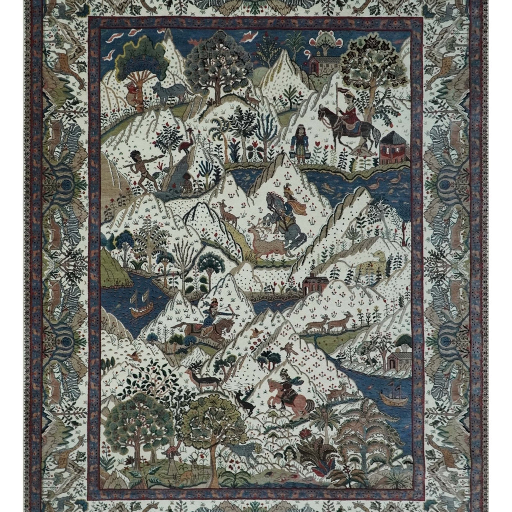 The Jungle Life Hunter and the King Animal Tree Rug Hand Knotted Ivory and Olive Wool