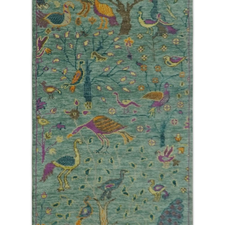 The Jungle Life Peacock on tree Rug Hand Knotted Multi Size Green Wool Rug
