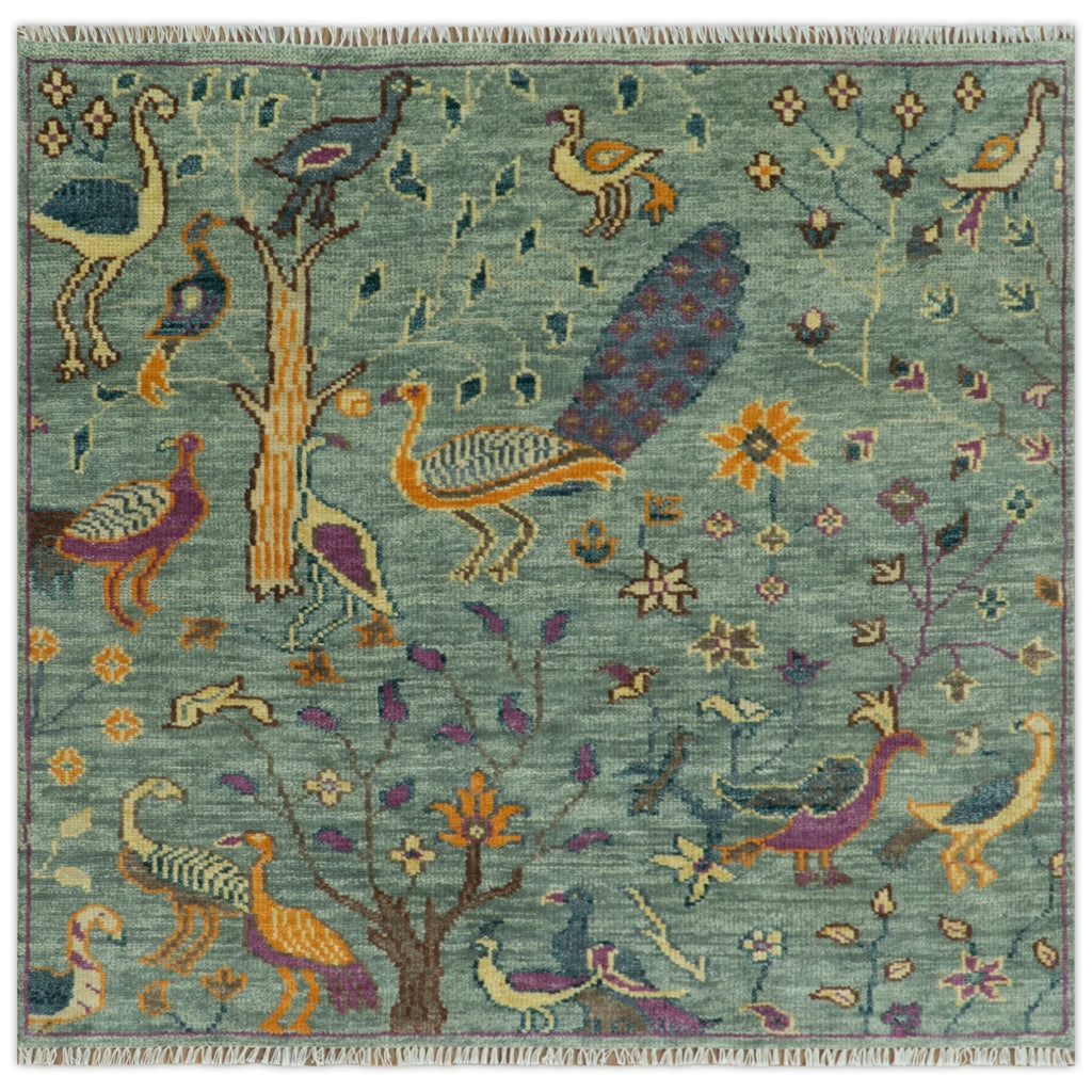 The Jungle Life Peacock on tree Rug Hand Knotted Multi Size Green Wool Rug