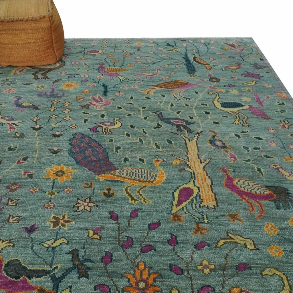 The Jungle Life Peacock on tree Rug Hand Knotted Multi Size Green Wool Rug
