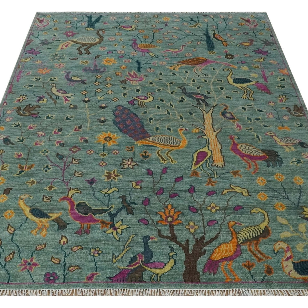 The Jungle Life Peacock on tree Rug Hand Knotted Multi Size Green Wool Rug