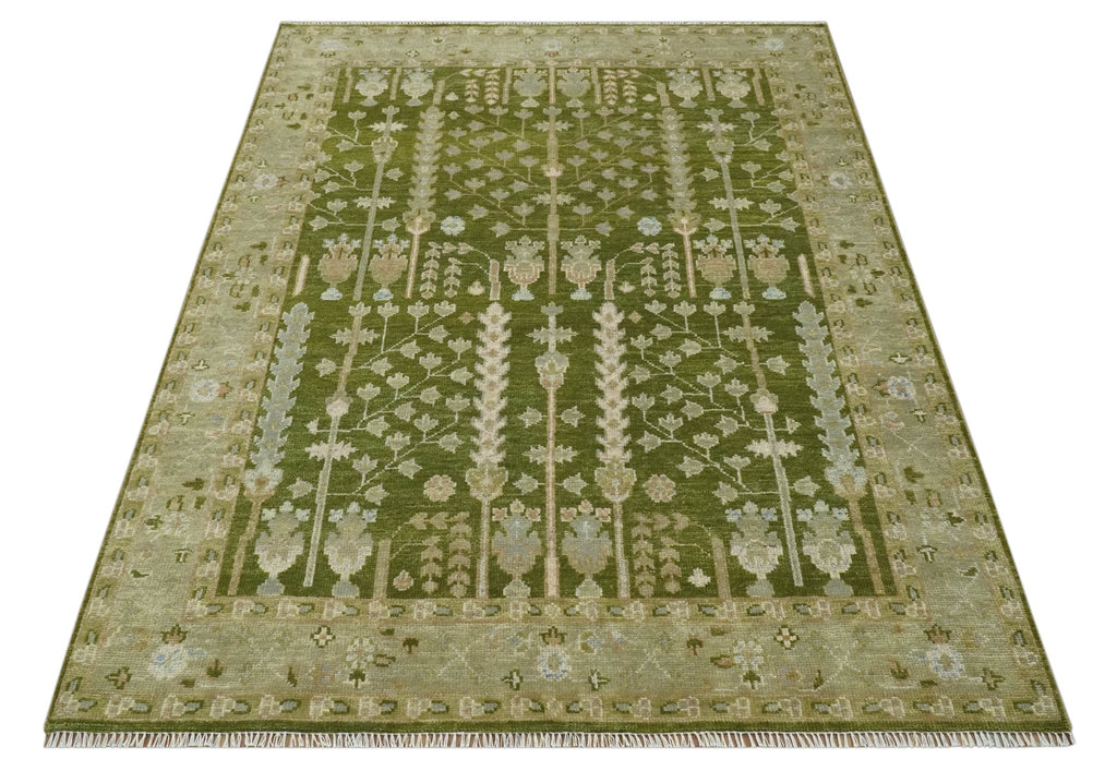 Tree of life Green and Silver Hand Knotted Traditional Floral 8x10 wool rug