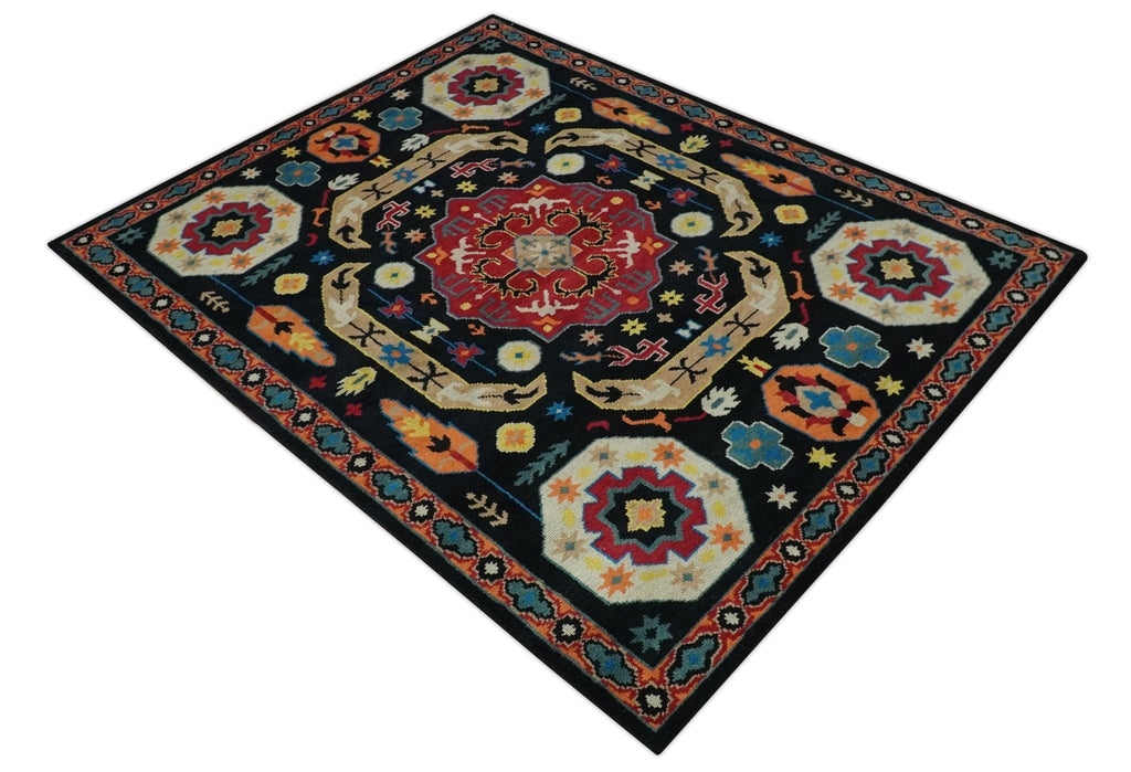 Vibrant colorful 8x10 Black, Maroon and Beige Traditional Medallion Mamluk Design wool Rug