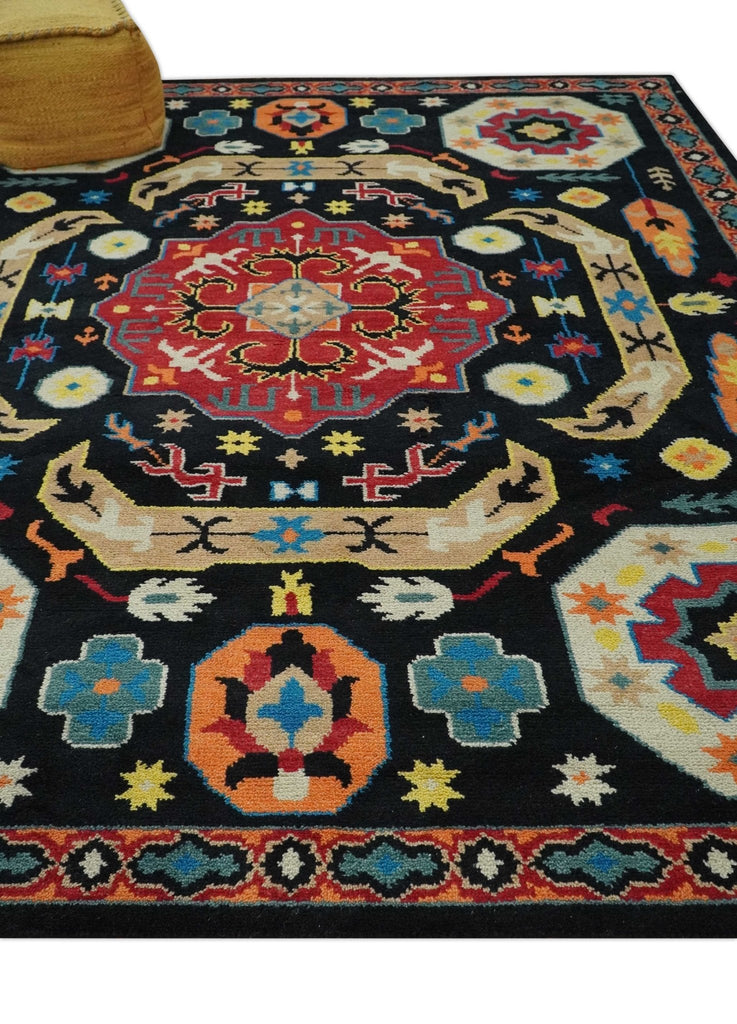 Vibrant colorful 8x10 Black, Maroon and Beige Traditional Medallion Mamluk Design wool Rug