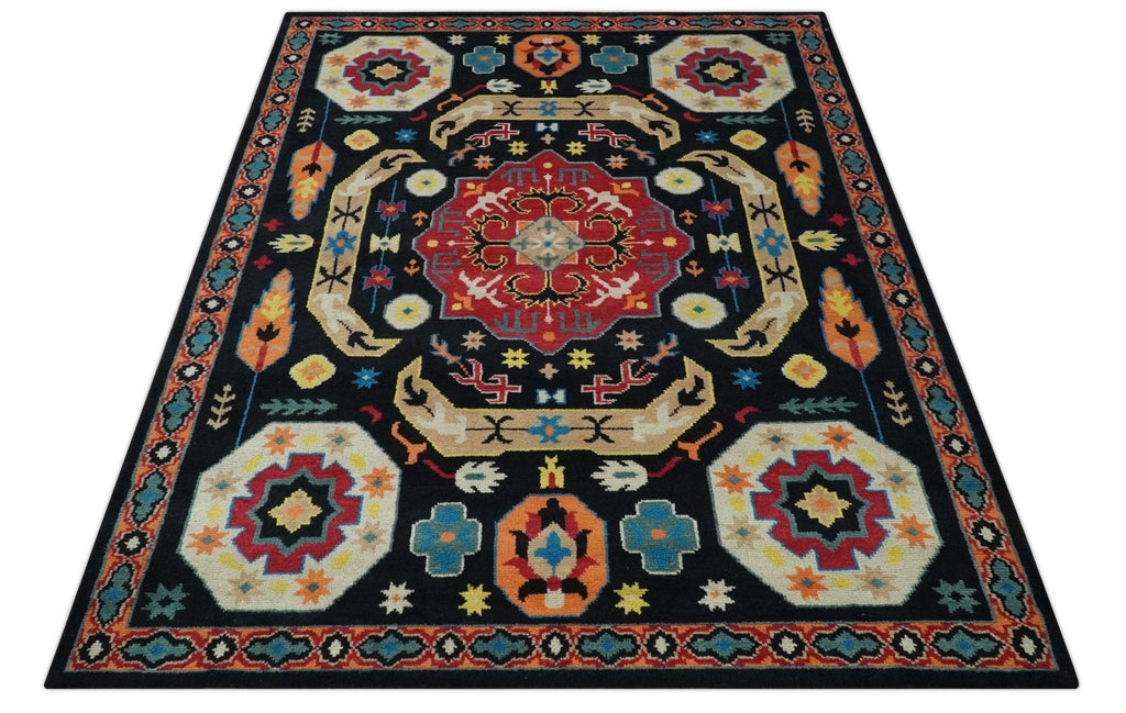 Vibrant colorful 8x10 Black, Maroon and Beige Traditional Medallion Mamluk Design wool Rug