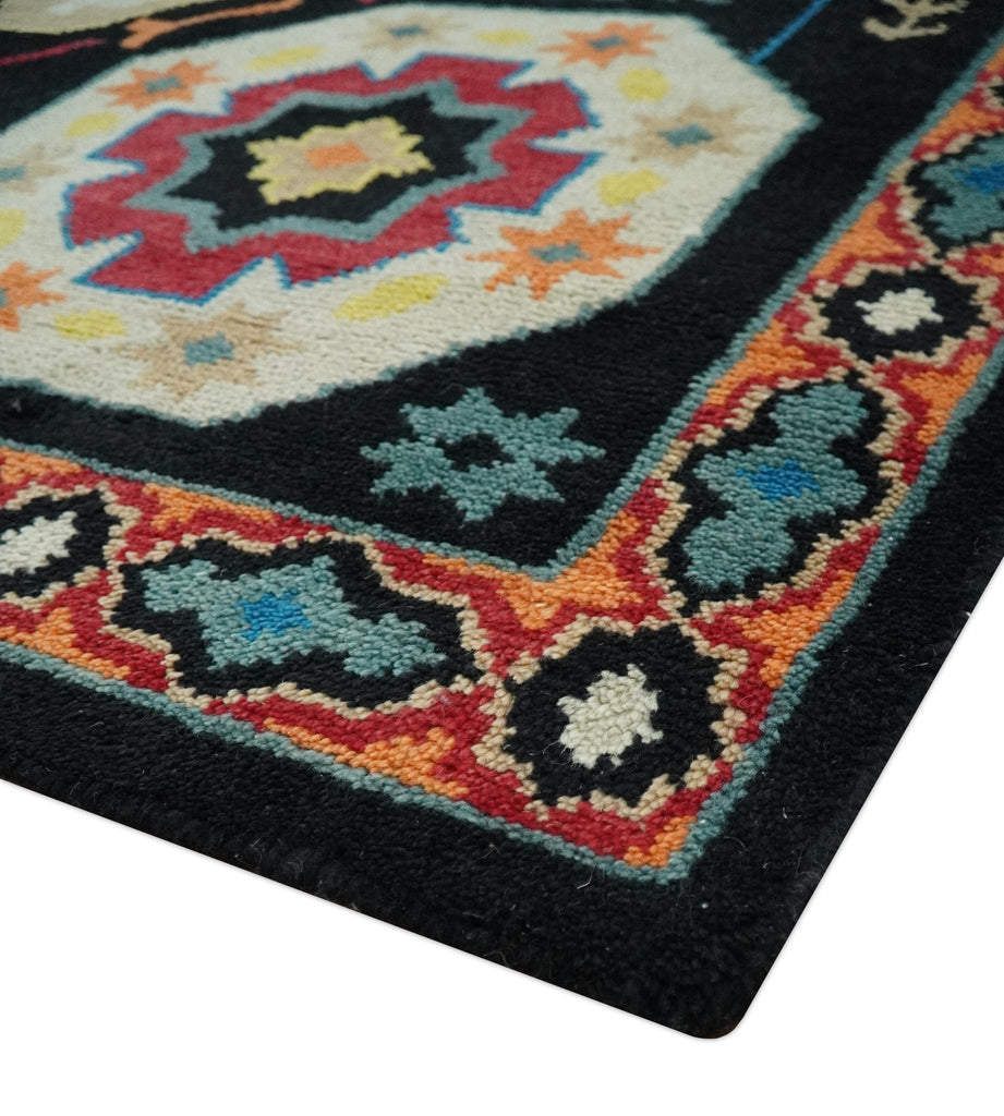 Vibrant colorful 8x10 Black, Maroon and Beige Traditional Medallion Mamluk Design wool Rug