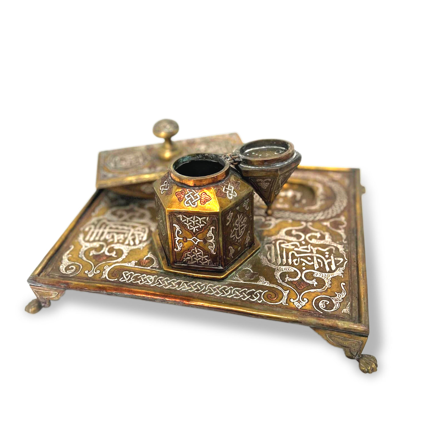 Antique Brass Inkwell Desk Set - Mamluk Damascene