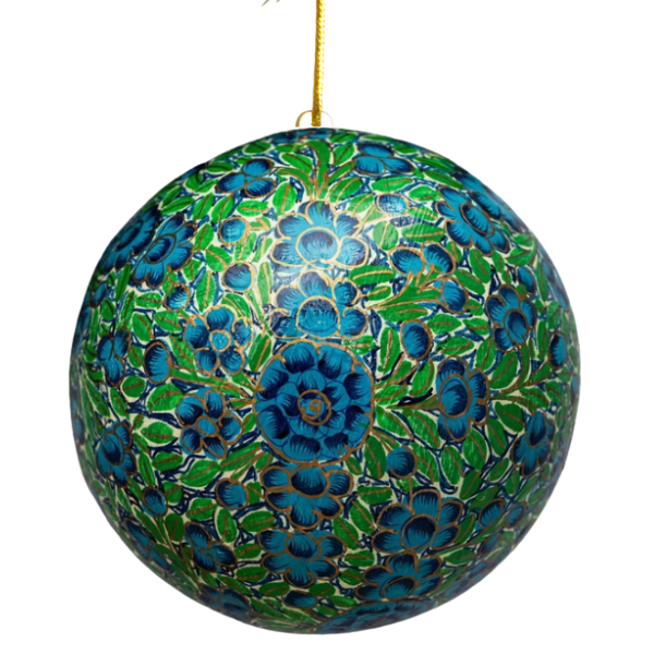 4" Floral Turquoise and Green Paper Mache Ball Ornament