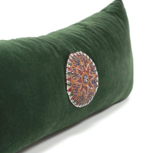 Velvet Green Pillow with Beaded Medallion