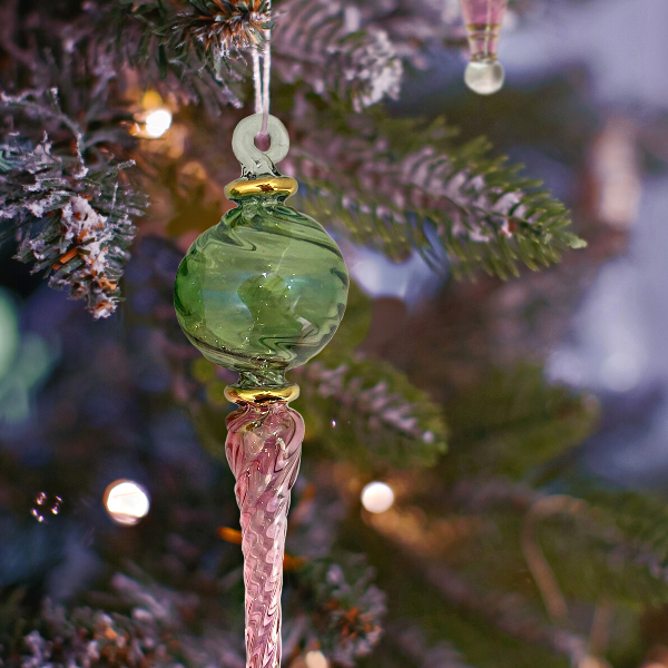 Pink and Green Colored Glass Icicle Ornaments - Set of 4