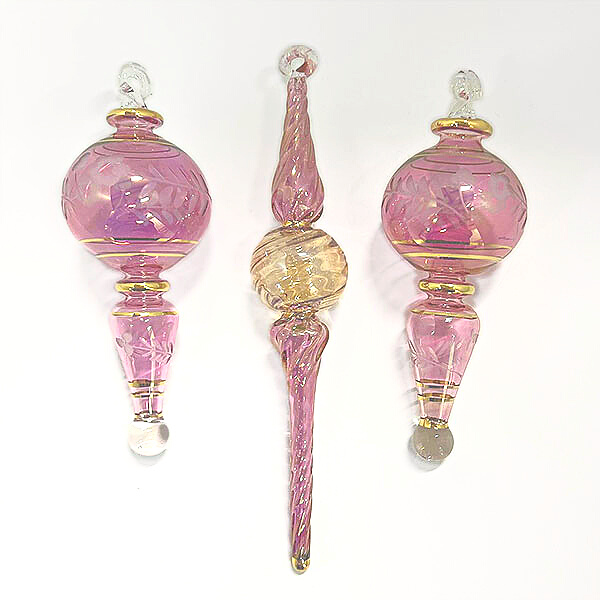Pink Colored Glass Pendant and Icicle Ornaments - Set of 3