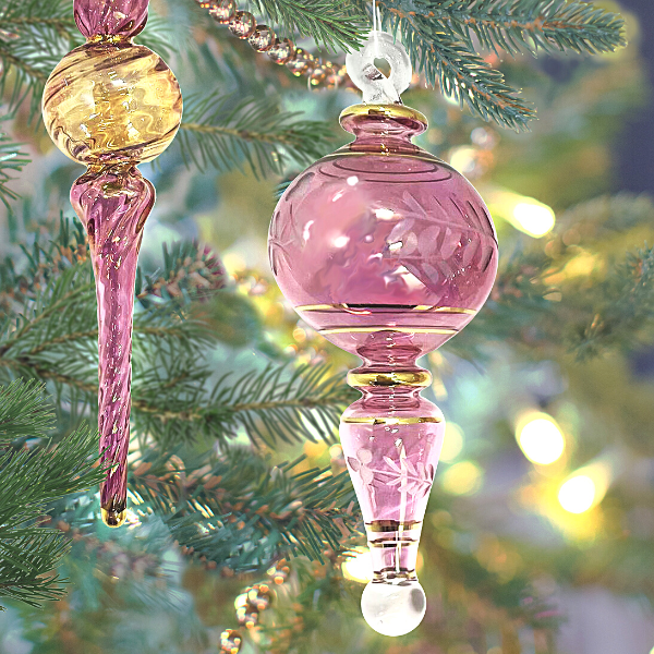 Pink Colored Glass Pendant and Icicle Ornaments - Set of 3