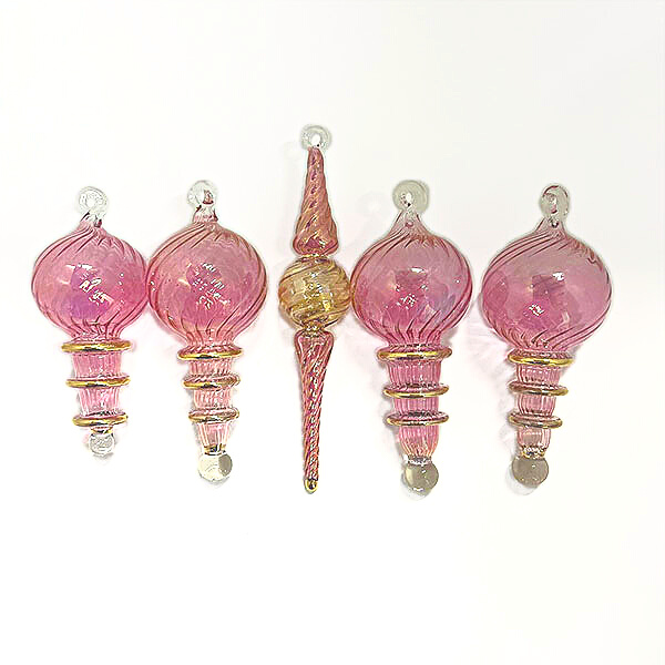 Pink Colored Glass Pendant and Pink/Yellow Icicle Ornament - Set of 5