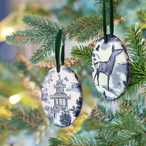 Chinoiserie Blue and White Bisque Ornaments (Set of 2)