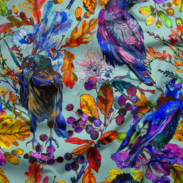 Aqua Bird Botanical Fabric - Ravenswood Dream