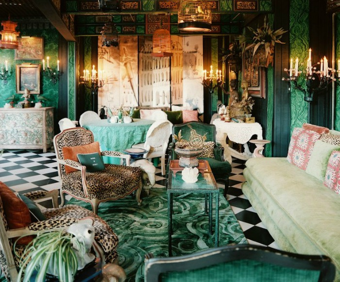 green maximalist living room