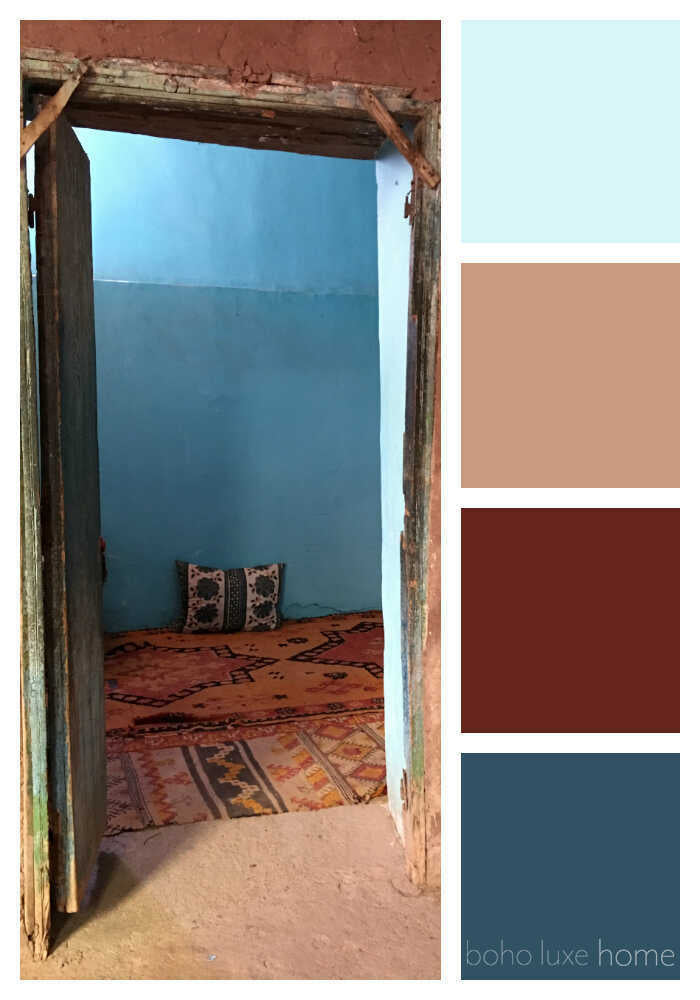 During our recent travels, Morocco's landscapes, fabrics, architecture and people inspired us to create some color palettes of our own. Each of these 38 photos from Morocco tells a travel story - and has inspired its own unique color palette. Use these color ways to start planning your wall colors, your decor, your outfit or any color scheme.