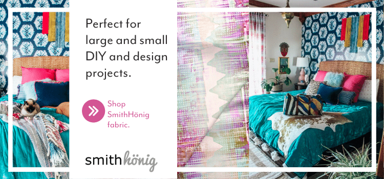 Colorful eclectic glam meets the southwest in designer Sarisa Munoz of The Indigo Leopard Home’s guestroom. See how she turned SmithHönig’s luxurious fabric and colorful peel and stick wallpaper into a family DIY project.