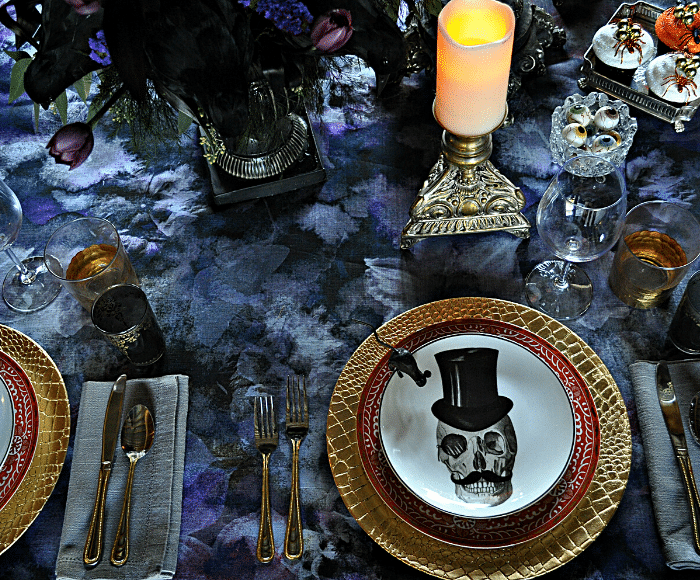 gothic dinner party, moody halloween table, tablescape, dark and moody table decor